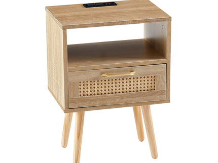 15.75" Rattan End Table With Power Outlet & USB Ports, Modern Nightstand With Drawer And Solid Wood Legs, Side Table For Living Room, Bedroom