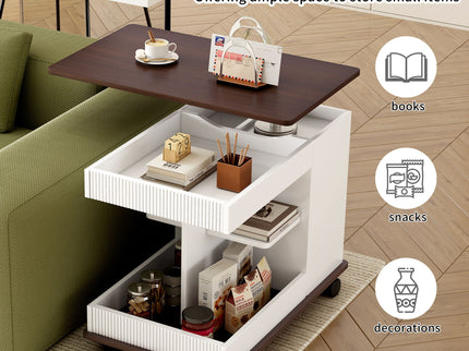 Adjustable End Table With Wheels, 360°Rotating Top And Storage Space