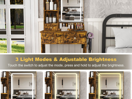 Modern Small Vanity Desk With 3 LED Lighting Modes, 3 Drawers