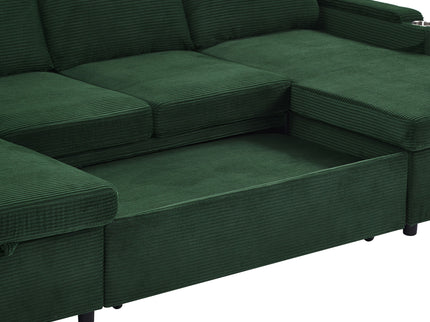 U Shaped Sectional Sofa Bed With Storage Chaise Lounges, USB Ports, And Cup Holders