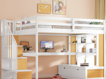 Full Size Loft Bed With Desk And Shelves, 2 Built In Drawers, Storage Staircase - Natural / White