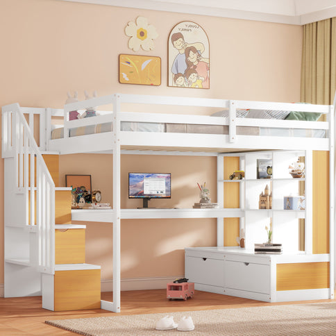Full Size Loft Bed With Desk And Shelves, 2 Built In Drawers, Storage Staircase - Natural / White