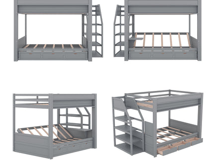 Wood Full Size Convertible Bunk Bed With Storage Staircase, Bedside Table, And 3 Drawers - Gray