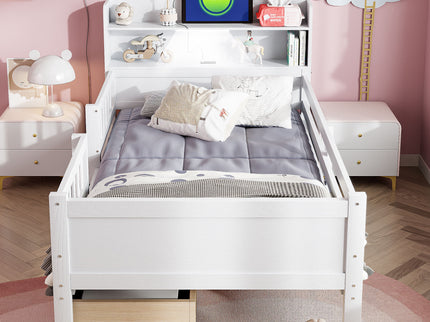 Platform Bed With LED Light, Multi Functional Headboard, Guardrail And 2 Drawers