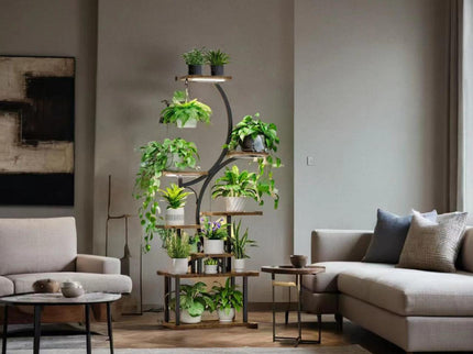 8 Tier Indoor Plant Stand With Grow Lights, S Shaped Metal Shelf For Multiple Plants - Black / Dark Walnut