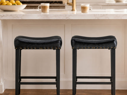 Bar Stool With Brass Nailhead Trim (Set of 2) - Black