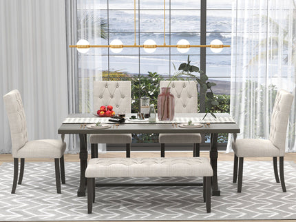 6 Piece Dining Table Set With Rectangular Wood Table, 4 Upholstered Chairs, Bench