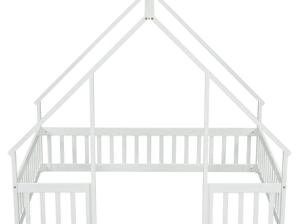 Wood House-Shaped Floor Bed With Fence, Guardrails