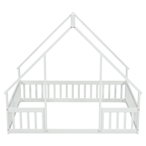Wood House-Shaped Floor Bed With Fence, Guardrails