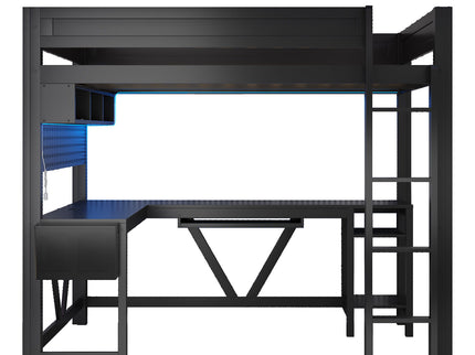 Gaming Loft Bed With Desk, Storage Shelves, LED And Charging Station