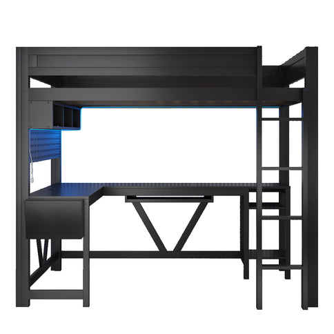 Gaming Loft Bed With Desk, Storage Shelves, LED And Charging Station