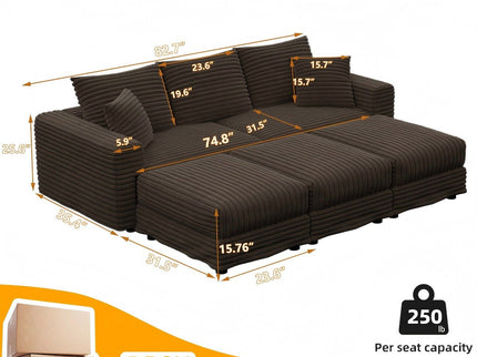 Deep Seat Convertible Sofa With Soft Pillows And Ottomans