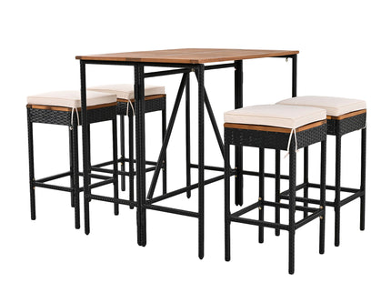 Outdoor Acacia Wood Bar Height Table And Eight Stools With Cushions
