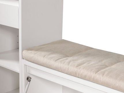 Entryway Storage Bench With Cushion, Drawers & Open Shelves