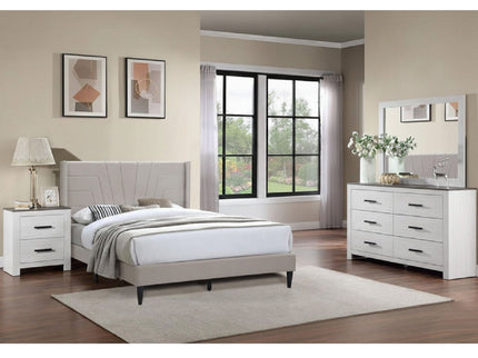 Eastern King Size Platform Bed, Upholstered Headboard - Light Brown