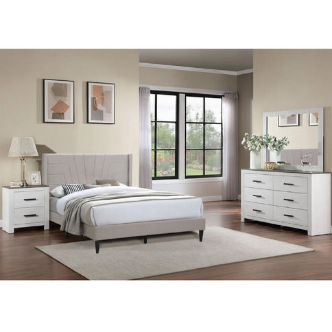 Eastern King Size Platform Bed, Upholstered Headboard - Light Brown