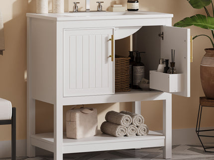 Elegant Bathroom Vanity With Ceramic Sink And Versatile Storage