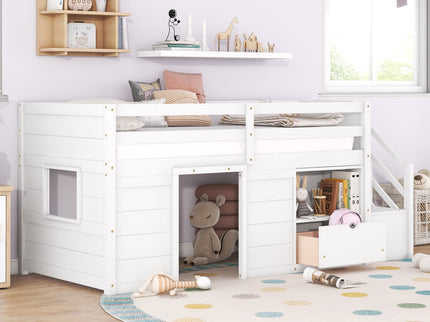 Low Loft Bed With Stair, Drawer, And Shelf