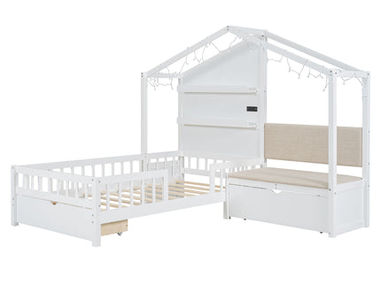 House Bed With Upholstered Sofa, Wireless Charging Station, Shelves And 2 Drawers