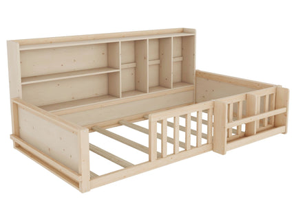 Platform Bed Frame With Guardrail, Storage Shelves & Bookshelf