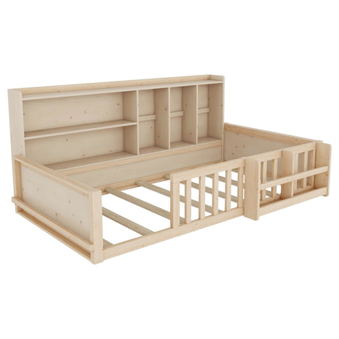 Platform Bed Frame With Guardrail, Storage Shelves & Bookshelf