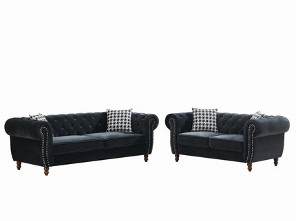Chesterfield 3 And 2 Seater Upholstery Sofa With Roll Armrest & Nailhead Fabric Couch