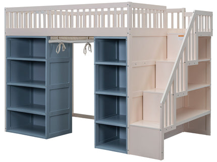 Full Size Loft Bed With 2 Four Layer Storage Cabinets And Curtain With Built In Staircase And Privacy Curtain - White