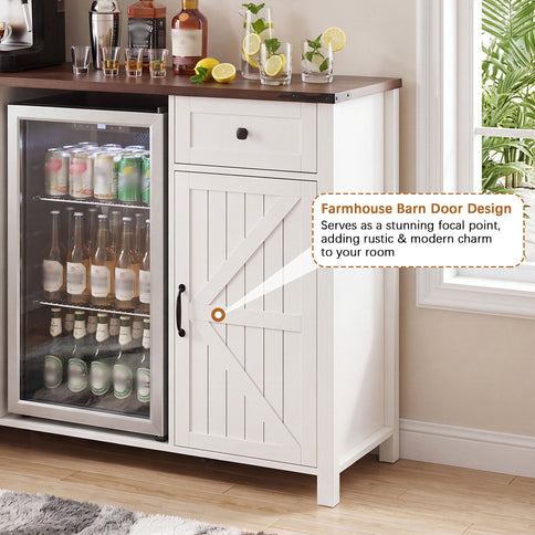 Coffee Bar With Mini Fridge Space & Built In Charging Station, Large Bar Cabinet With Drawers & Adjustable Shelves For Kitchen - White