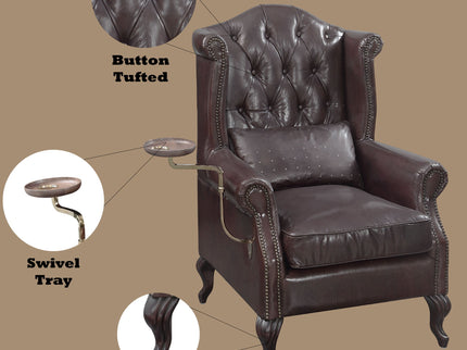 Pino - Vintage Top Grain Leather Accent Chair With 1 Toss Pillow - Brown