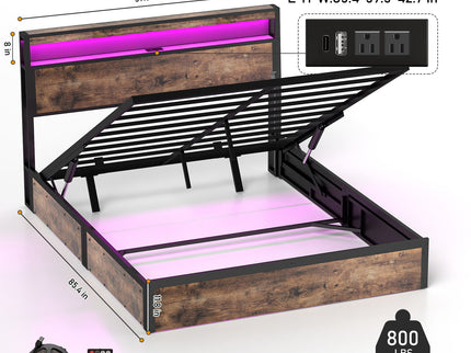 Frame With Hydraulic Lift Storage, RGB LED Lights & Multi-Port Charging, No Box Spring Needed