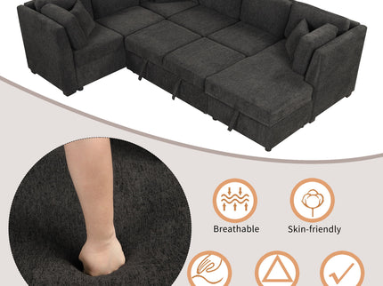 U-Shaped Sectional Sofa Pull Out Sofa Bed With Two USB Ports, Two Power Sockets, Three Back Pillows And A Storage Chaise For Living Room