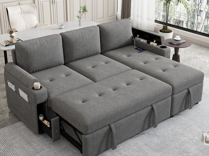 Convertible L Shaped Sofa Couch With Storage, Cup Holders, USB Ports