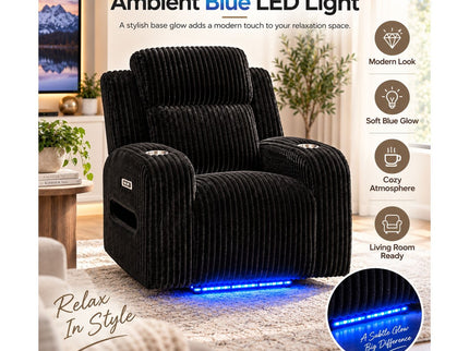Power Recliner With Cup Holders And Ambient LED Lighting - Black