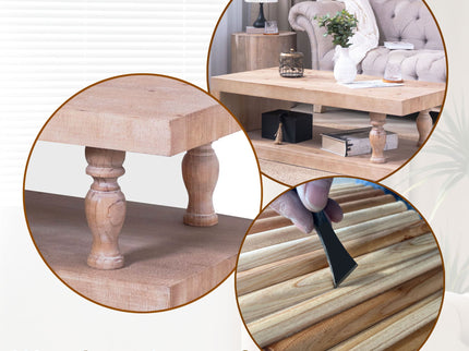 Rustic Solid Wood Coffee Table With Open Shelf, Modern Farmhouse Design - Light Natural / Natural