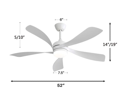 52" Ceiling Fan With 3 Color Dimmable LED Light, 5 Blades, Remote Control, Reversible DC Motor