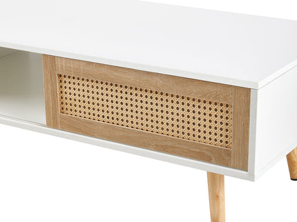 41.34" Rattan Coffee Table, Sliding Door For Storage, Solid Wood Legs, Modern Table For Living Room