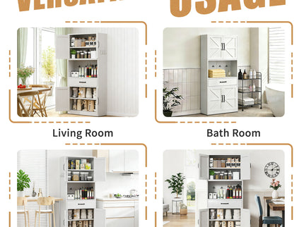 Kitchen Pantry Cabinet With Adjustable Shelves, Drawers, Hooks And Large Countertop - White