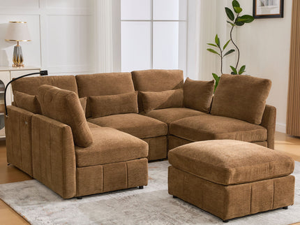Modern Modular U-Shaped Sofa Bed With Movable Ottoman, USB Ports, Phone Holder