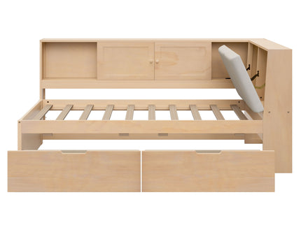 Twin L - Shaped Daybed With Storage Bookcase, Upholstered Headboard, USB Charging Ports & Hidden Drawers - Natural