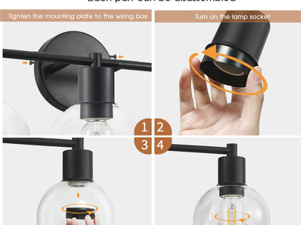 3 Light Globe Bathroom Vanity Light With Clear Glass Shades - Black