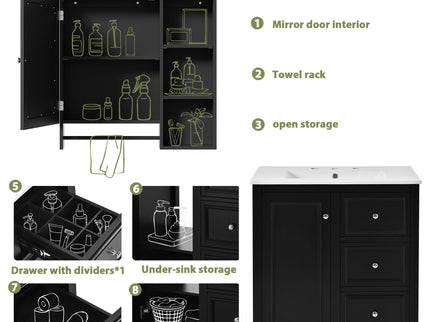 Bathroom Vanity With Sink, Modern Elegant Bathroom Storage Cabinet With 3 Drawers And Adjustable Shelves, Freestanding Vanity Set With Mirror Cabinet, Single Sink Bathroom Vanity