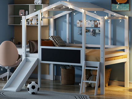 Loft House Bed With Ladder And Slide, With board And Light Strip On The Roof