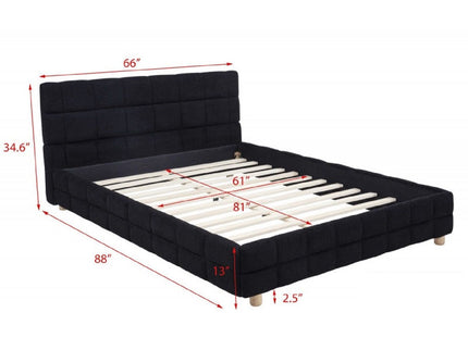 Modern Platform Bed With Upholstered Grid-Patterned Headboard