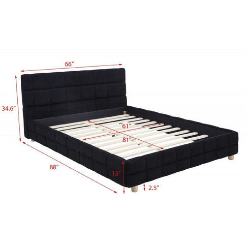 Modern Platform Bed With Upholstered Grid-Patterned Headboard