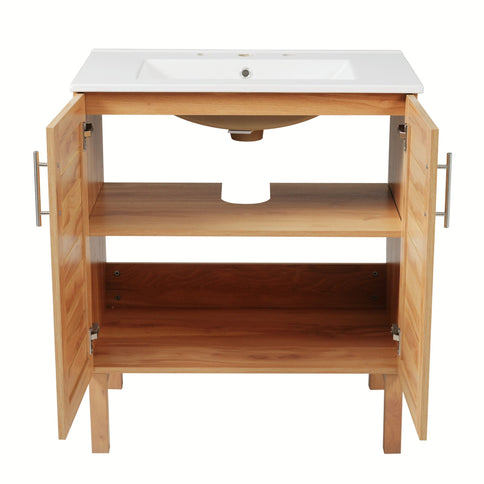 Bathroom Vanity With Ceramic Sink, Freestanding Cabinet - Antique Natural / Brown