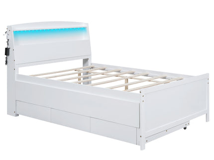 Full Size Platform Bed With Storage LED Headboard, Twin Trundle And 3 Drawers - White
