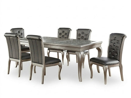 Rectangle Dining Table With Glass Top And 6 Tufted Back Chairs - Gray / Silver