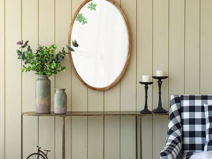 Oval Wall Mirror With Wood Frame, Farmhouse Wood Mirror For Bathroom Entryway Console Lean Against Wall - Brown