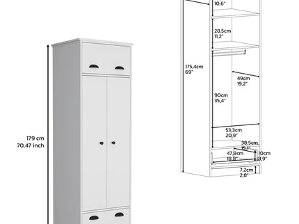 Dresser Closet With Upper Storage Covered With 1 Door, 2 Central Shelves, 1 Tube For Hanging Clothes Covered By 2 Doors, 1 Drawer At The Bottom - White