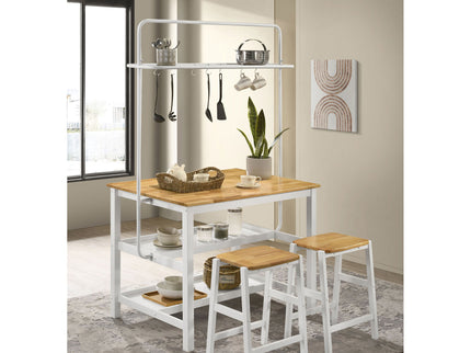 Prager - 3 Piece Kitchen Island Counter Table Set With Overhead Rack And Backless Stools - White